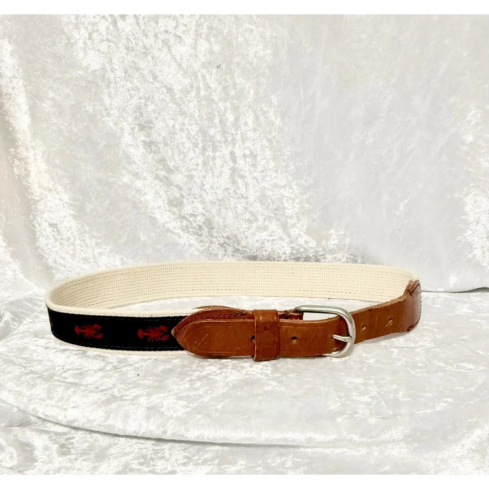Crewcuts Boys Medium Web Belt Lobster Nautical Navy Cream Leather Trim‎ USA Made